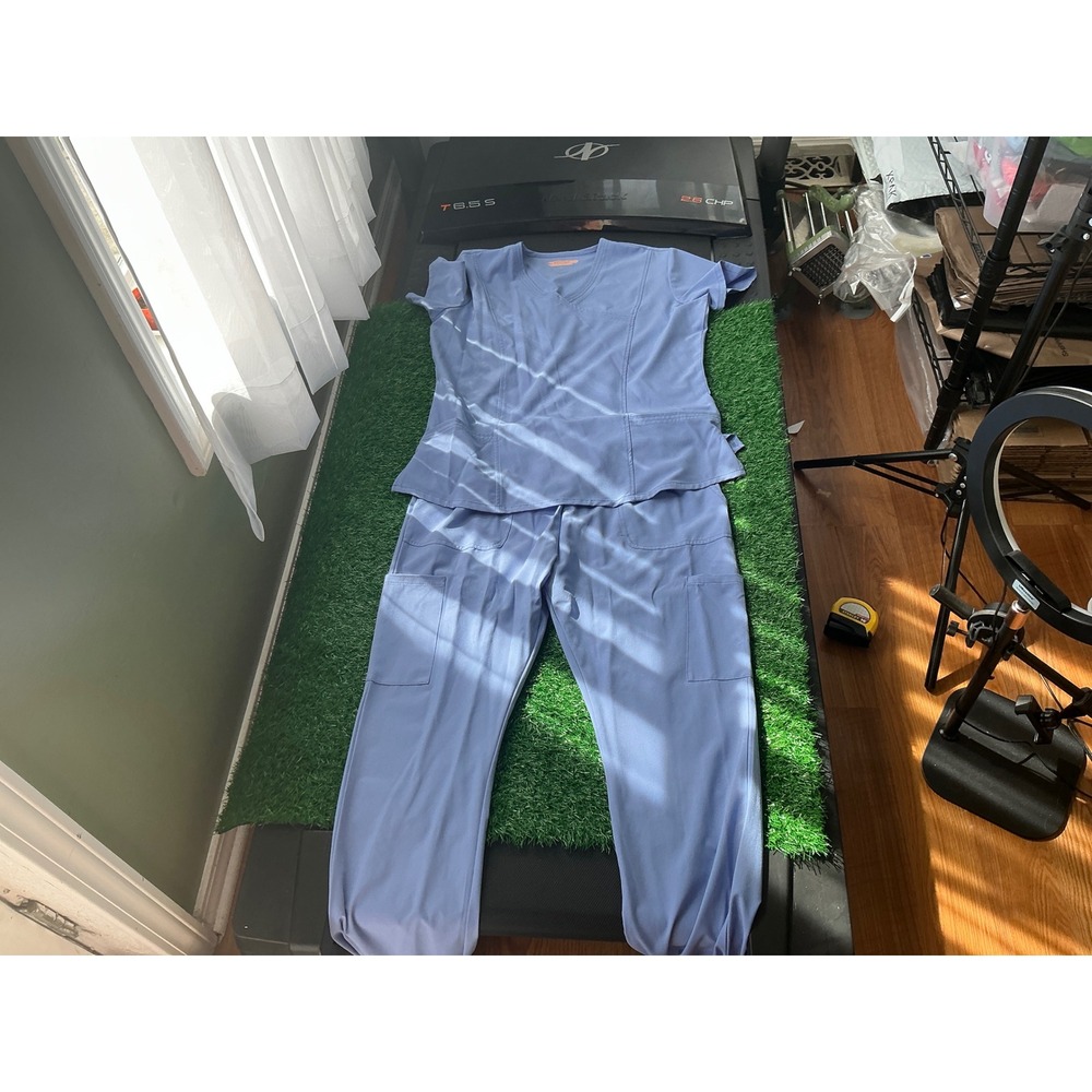 EliteMed Performance Women Scrub Set Blue V-Neck Top Cargo Pants Size L